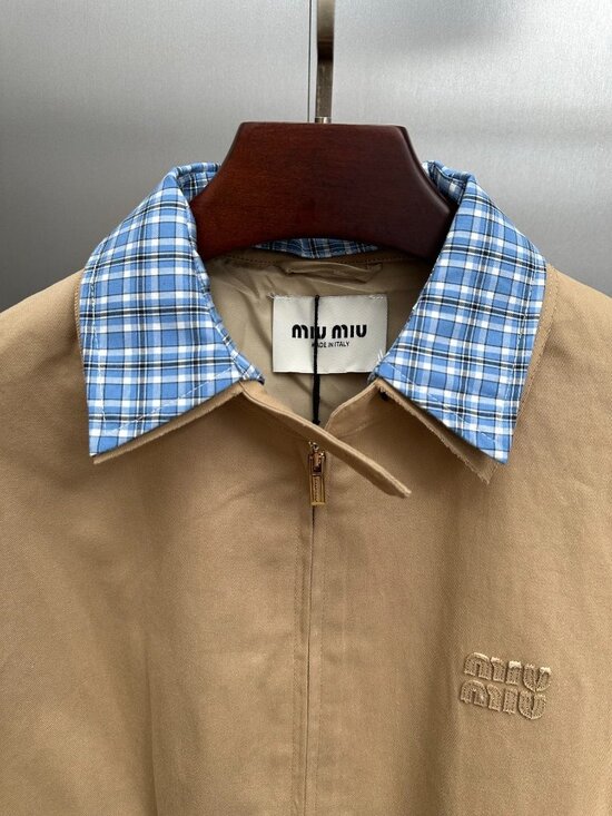 Miu Miu Women's Casual Zip-Collar Faux Two-Piece Jacket — Beige - Picture 5 of 6